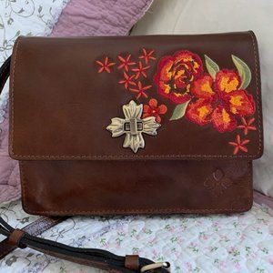 Patricia Nash Consilina Leather Cognac Embroidered Crossbody Purse - Modified